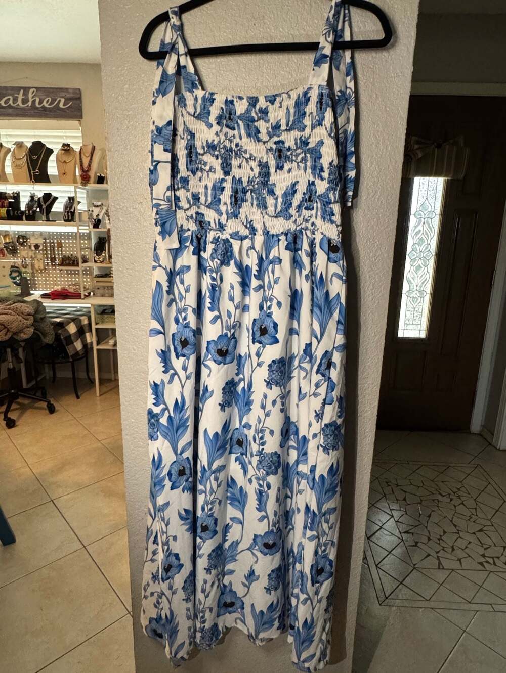 SHEIN Blue Floral Print Smocked Tie Strap Maxi Dress Size XL